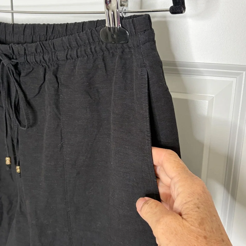 H&M Black Linen Blend Jogger Pants Medium Drawstring Relaxed Coastal